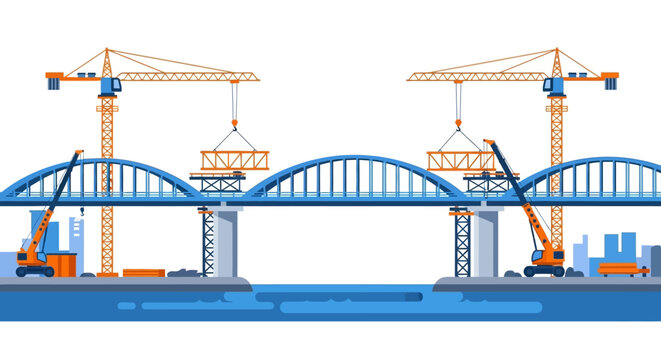 Bridge Under Construction Vector Illustration with Cranes and Heavy Equipment over River