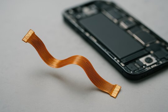 Flexible orange ribbon cable for mobile phone repair isolated next to an internal smartphone motherboard component