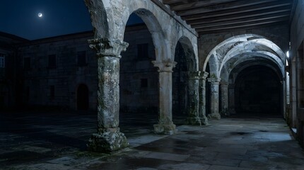 Obraz premium Under the Pale Moonlight A Hauntingly Beautiful Courtyard with Grand Arches and Stone Pillars