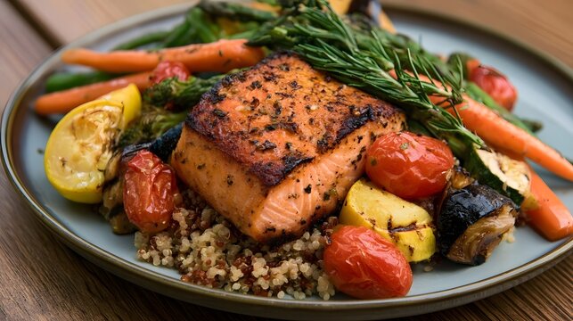 A visually appealing composition of grilled salmon quinoa and colorful roasted vegetables arranged on a rustic wooden plate