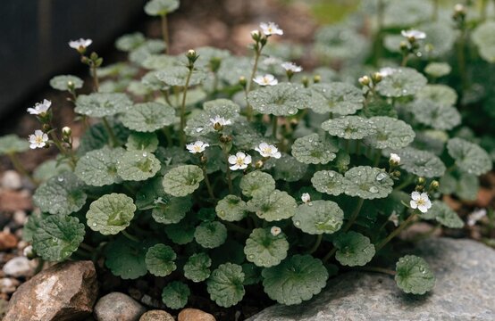 Fresh mouse ear chickweed patch with dew drops on green leaves