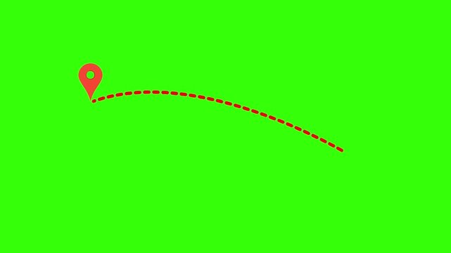 Red map location pin icon with dotted line route animation on chroma key green screen background for travel destination and navigation concept.