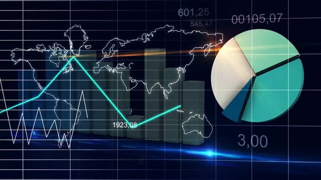 Global stock market data animation with financial charts graph bar and pie chart on world map background for business investment and economy growth concept.