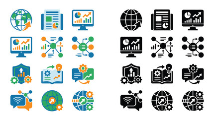 Fototapeta premium Set of icons representing data analysis, business growth, and technology solutions in both color and silhouette versions.