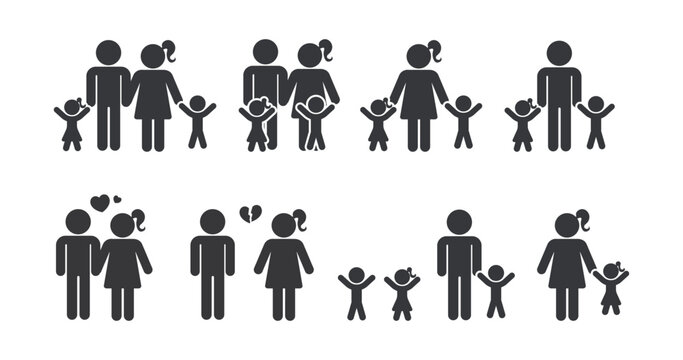 Bundle pictogram icons featuring complete families divorced couples and single parents for relationship and household graphic elements collection
