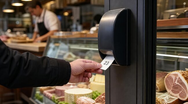 Customer taking ticket from deli machine