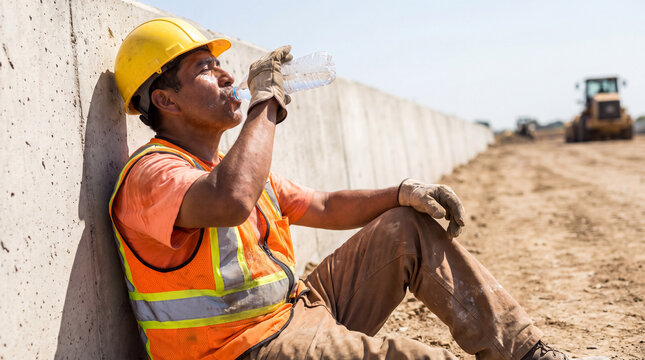 Exhausted construction worker drinking water during hot weather, taking a break for hydration at a dusty job site