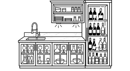 Fototapeta premium Kitchen cabinet with sink and wine rack illustration.