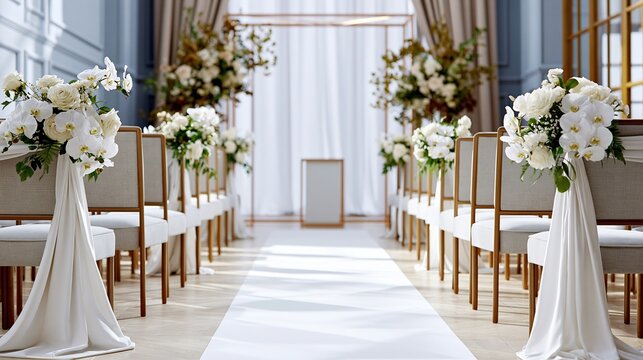 Elegant wedding aisle with white floral decor and chairs
