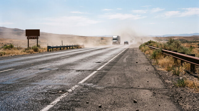 A cinematic and hyper-realistic shot of a sweltering summer day, with heat waves rising from the melting asphalt road