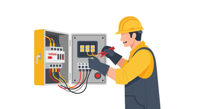 Professional Electrician Working on Electrical Panel and Fuse Box Vector Illustration