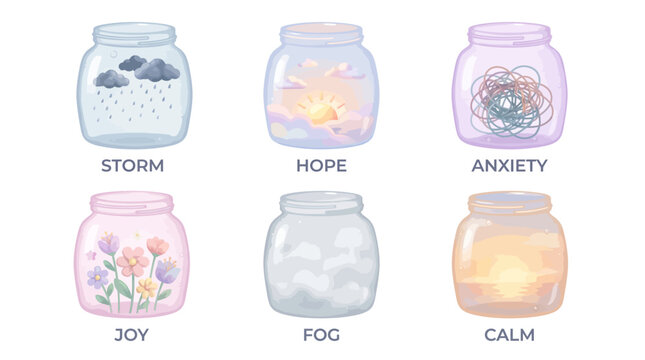 Soft 3D Emotion Jar Icon Set, Mental Health Mood Tracker Vector