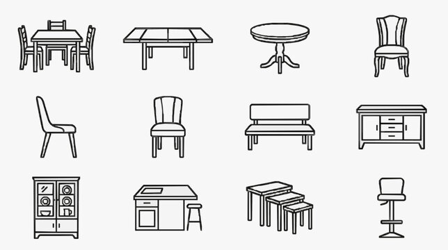 Clean Black and White Line Drawing Set of Modern Minimalist Furniture Icons Including Chairs Tables Benches Cabinets and Storage