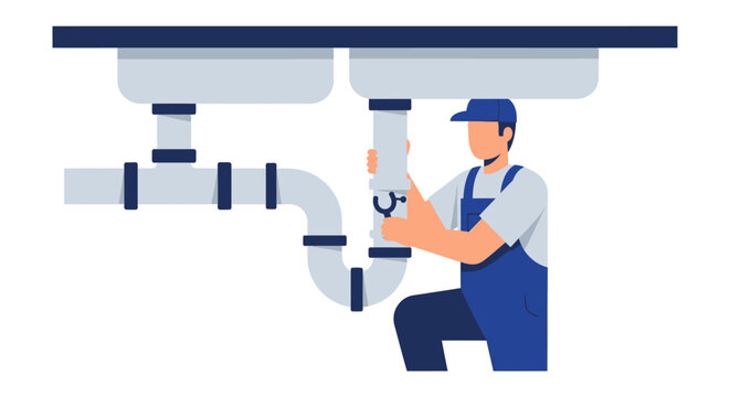 Professional Plumber Repairing Kitchen Sink Pipe. Flat Vector Illustration of Handyman in Uniform Fixing a Leak or Clogged Drain. Emergency Plumbing Services Concept.