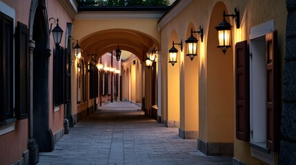 Obraz premium A warm angled view of an old European city walkway featuring arched doorways and historic shopfronts with wooden shutters