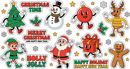 Naklejka premium Retro Christmas Cartoon Characters Sticker Vector Set