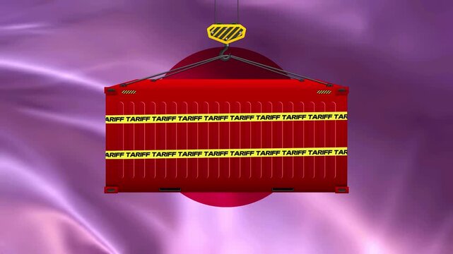 Shipping Container with Tape: A vibrant red shipping container is suspended by a crane, wrapped with yellow warning tape. The background features a flowing purple fabric texture.