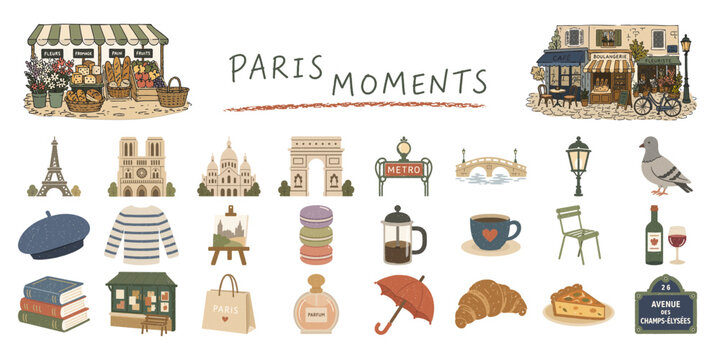 パリの街並みと暮らしのアイコン・イラストセット／Paris Landmarks, Lifestyle, Travel Icons Set