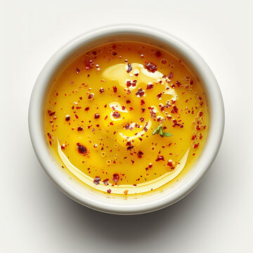 Creamy cheese sauce. Bowl of smooth cheese sauce garnished with herbs isolated on light background. Savory condiment for snacks, burgers and fries