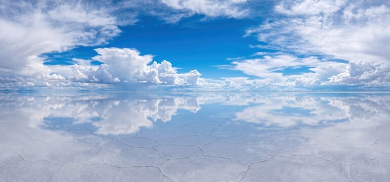 Expansive salt flat mirroring a bright blue sky filled with fluffy white clouds creating an illusion of infinite space and symmetry