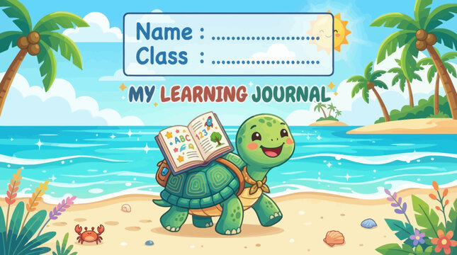 Cheerful cartoon turtle walks on a vibrant tropical beach, carrying an open 'My Learning Journal' with ABCs and numbers. Perfect for kids' education, summer learning, or journal covers.