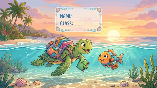 Vibrant cartoon of a joyful sea turtle carrying books and a little fish with a bag, exploring clear tropical waters near a sandy beach at sunset. Includes a blank name and class label, ideal for child