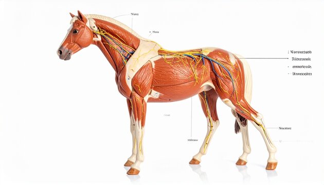 Anatomical model of horse musculature with highlighted nervous system, symbolizing veterinary education and biological complexity.