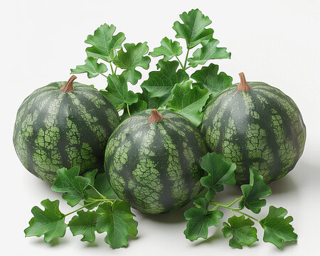 Watermelon harvest composition. Whole ripe watermelons with fresh green leaves isolated on white background. Summer fruit arrangement