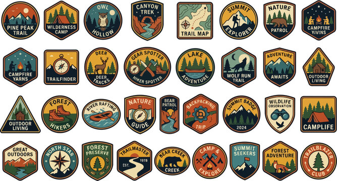 Collection of vintage outdoor adventure and camping patches with nature themes.