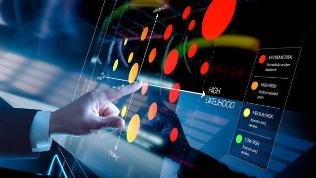 Risk matrix dashboard, extreme and high risk assessment, likelihood and impact analysis, business contingency planning with color-coded risk levels, finger pointing at interactive display