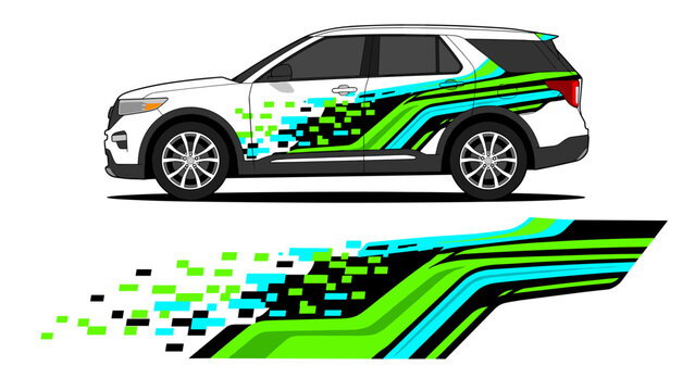 Green digital pixel glitch car wrap graphics.