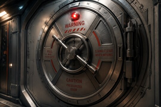 A large circular metal hatch on a spacecraft bulkhead with a red warning light and handle.