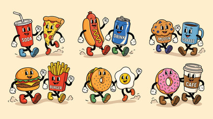 Fototapeta premium Vintage Cartoon Fast Food and Breakfast Pairs Sticker Vector Set