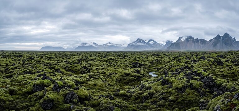 Vast Icelandic moss-covered lava field with snow-capped mountains under a cloudy sky nature landscape