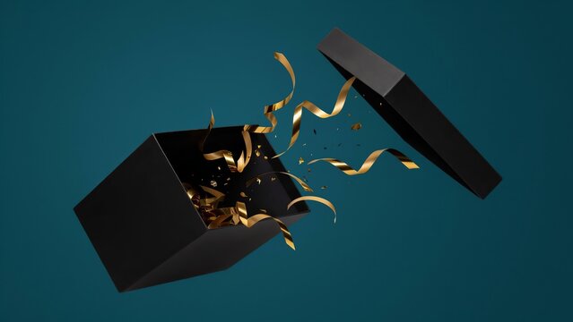 Open black gift box with exploding gold ribbons and confetti