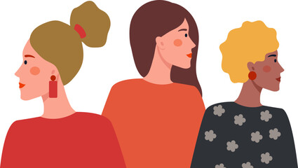 Fototapeta premium A flat style vector illustration featuring three women with different hairstyles and clothing, showcasing diversity and modern fashion. Suitable for lifestyle, fashion, and women empowerment themes.