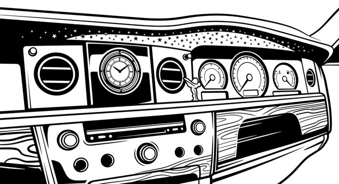 Luxury Car Dashboard Interior with Analog Clock and Gauges.
