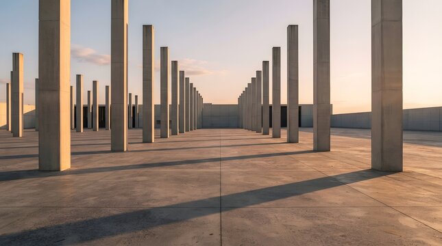 Modern minimalist concrete columns casting parallel shadows on an empty plaza at sunset