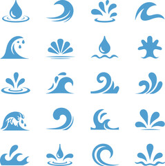 Fototapeta premium Collection of blue water drop and wave icons and symbols splash ripple