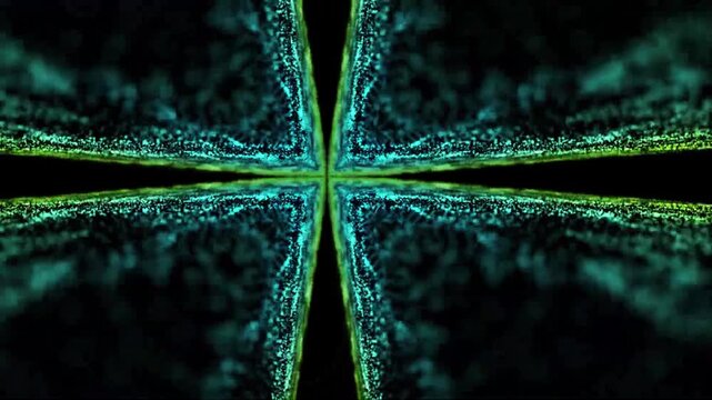 Cross-like formation of blue and green light patterns creating an abstract and symmetrical digital design