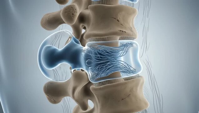 Healthy spinal discs cushioning movement between vertebrae, transparent gel-like structures compressing and expanding gently in realistic biological motion