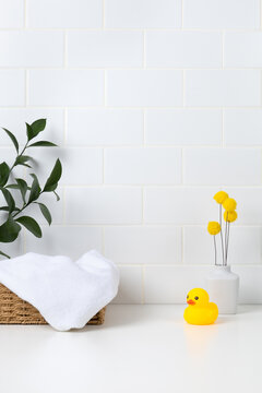 Minimalist organic skincare mockup scene in bright bathroom interior. Clean aesthetic template with copy space for wellness, beauty products, or body care brands.