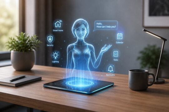 Female AI virtual assistant hologram on tablet. Digital personal assistant for smart home, tasks, and scheduling with futuristic interface in modern home office.