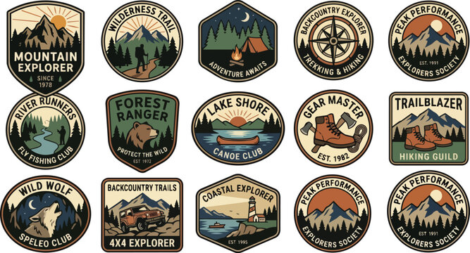 Vintage outdoor adventure badges collection featuring nature exploration and wilderness activities designs.