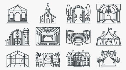 Obraz premium Elegant Black and White Line Art Illustrations of Various Wedding Venues and Ceremony Settings with high quality professional line art symbols for modern creative design and digital branding projects