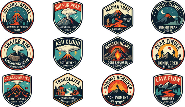 Vintage Volcano and Mountain Adventure Patches Collection.