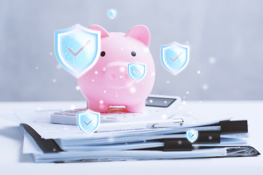 Piggy bank on financial documents with calculator and digital shield icons. Secure savings, financial protection, budgeting, personal finance, insurance, banking and wealth management concept.