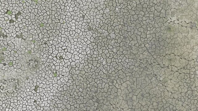 Professional 4K aerial drone footage gliding over a completely dried pond with striking cracked mud textures in rural Bangladesh. 