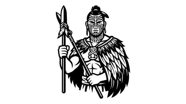 Maori Warrior Holding Spear Illustration 2.