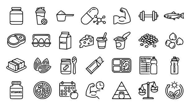 protein, nutrition, fitness, supplement, whey, bodybuilding, muscle, shaker, recovery, amino, chicken, salmon, beef, eggs, tofu, lentils, almonds, yogurt, healthy, diet, outline, icon, editable, strok